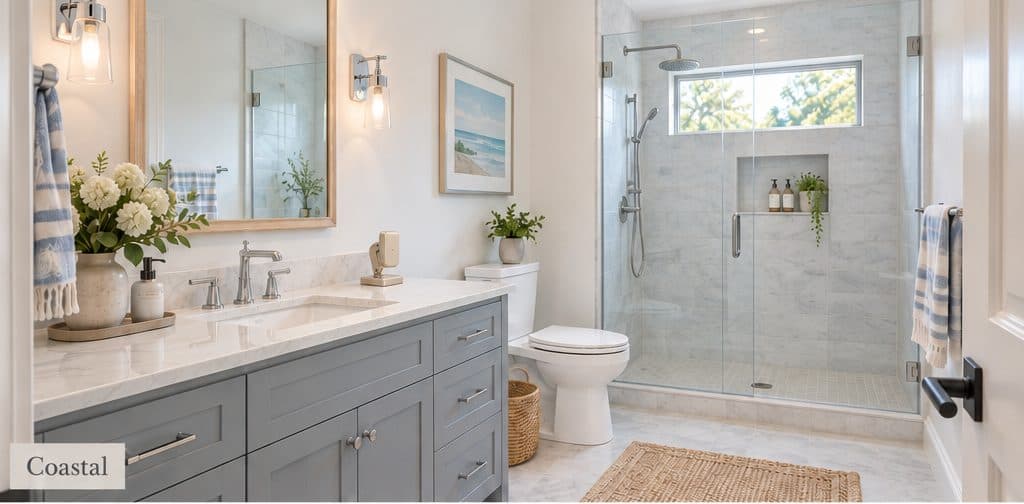 A coastal-style bathroom with ScoutG on the counter.
