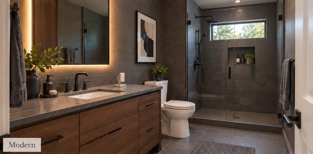 A modern dark-toned bathroom with ScoutG on the counter.