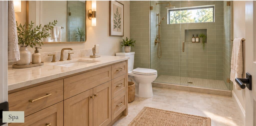 A spa-style bathroom with ScoutG on the counter.