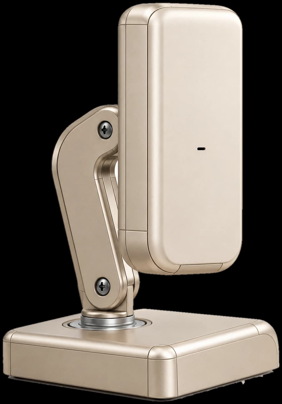 The ScoutG device: a slim ivory unit on a champagne hinged arm and square base.