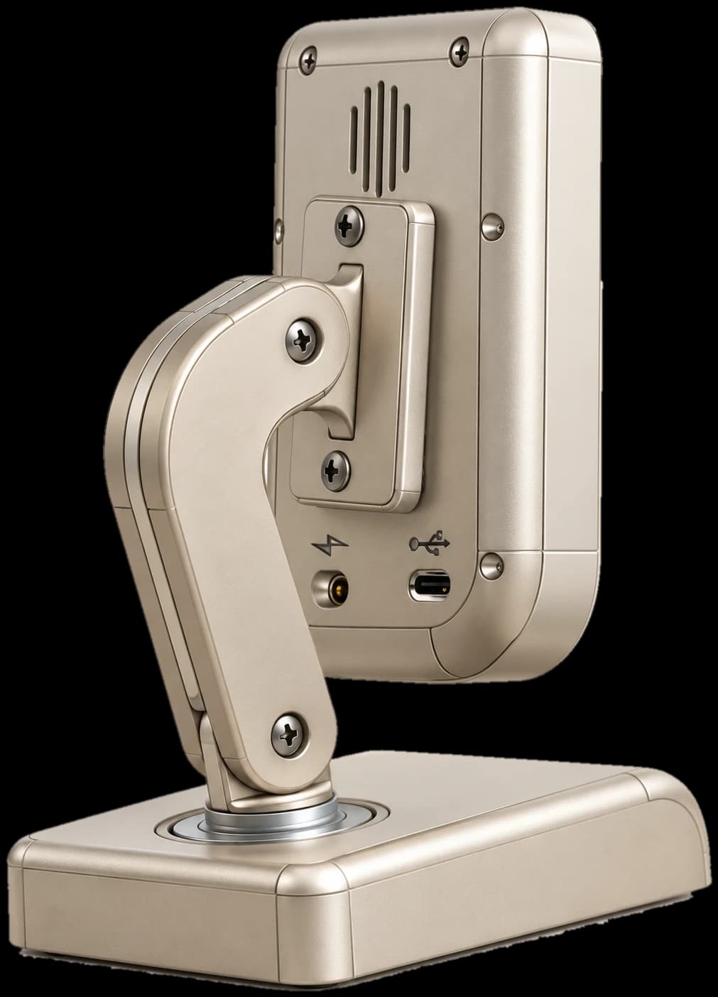 The back of ScoutG: a speaker grille, a mounting plate and two ports, on a champagne hinged arm.