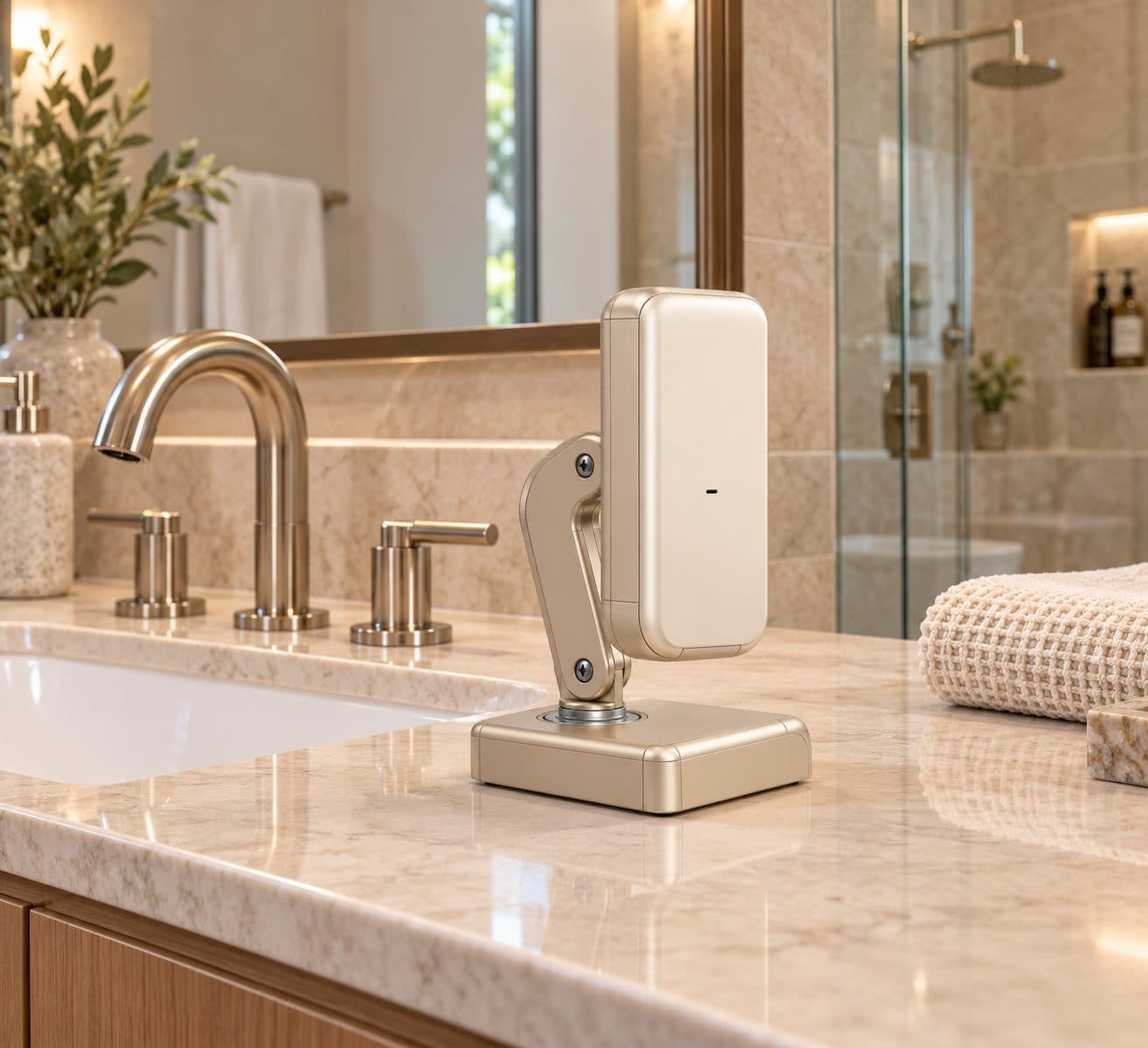 The ScoutG device, ivory with a champagne stand, on a marble bathroom vanity beside the faucet.