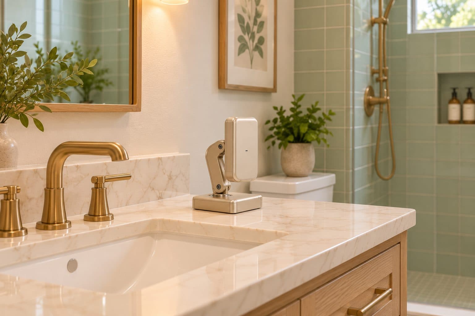 A warm spa-style bathroom with the small ScoutG device on the vanity near a brass faucet.